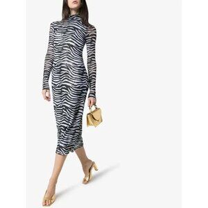 Staud Brae Zebra-Print Stretch-Mesh Long Sleeve Turtleneck Midi Dress